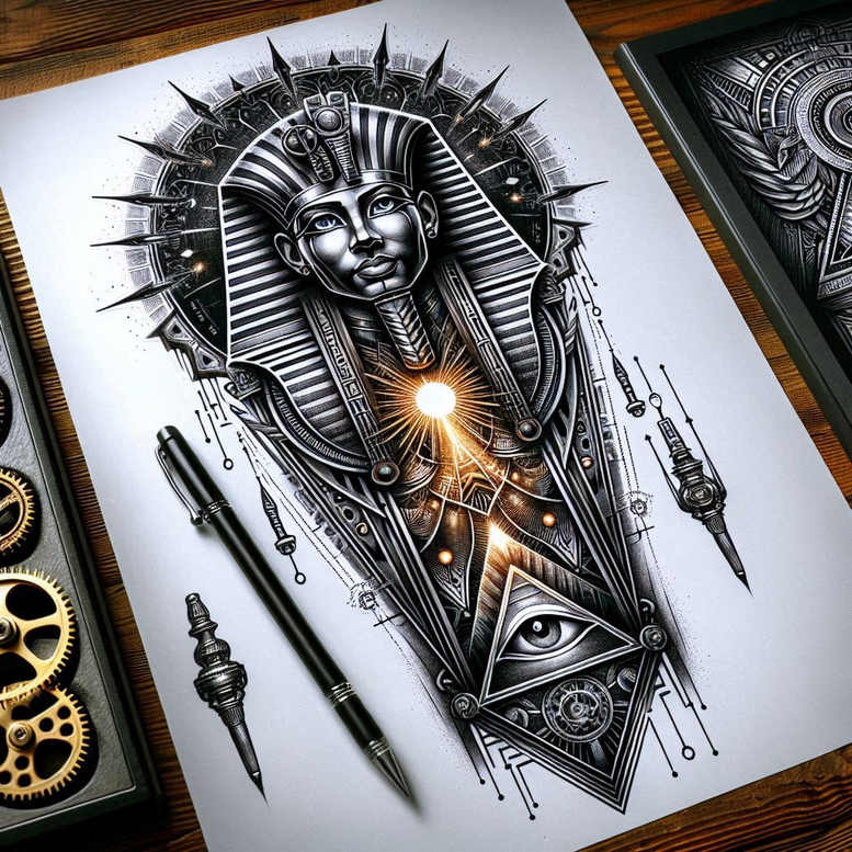 pharaoh-with-dynasty – tattoo design ideas free ai generated – surrealism-surreal-lighting – for-foot – Gallery: pharaoh-inkby-ai