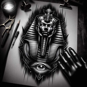 pharaoh-with-egyptian-symbols – tattoo design ideas free ai generated – neotraditional-layered-shading – for-nape – Gallery: pharaoh-inkby-ai
