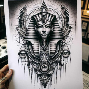 pharaoh-with-egyptian-symbols – tattoo design ideas free ai generated – neotraditional-subtle-tone – for-upper-back – Gallery: pharaoh-inkby-ai