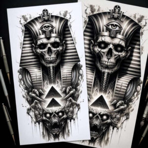 pharaoh-with-geometric-patterns – tattoo design ideas free ai generated – neotraditional-artful-color – for-lower-thigh – Gallery: pharaoh-inkby-ai