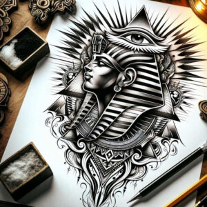 pharaoh-with-geometric-patterns – tattoo design ideas free ai generated – realism-dimensional-ink – for-thigh – Gallery: pharaoh-inkby-ai