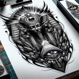 pharaoh-with-geometric-patterns – tattoo design ideas free ai generated – realism-photographic-quality – for-heel – Gallery: pharaoh-inkby-ai