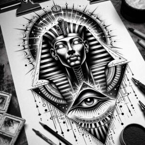 pharaoh-with-god-ra – tattoo design ideas free ai generated – neotraditional-dynamic-linework – for-chest – Gallery: pharaoh-inkby-ai