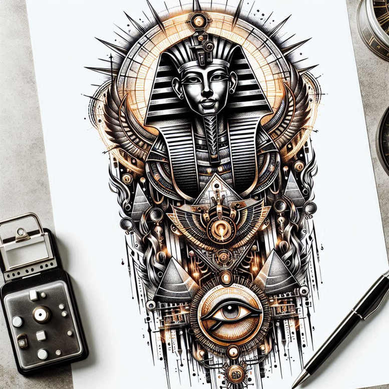 pharaoh-with-god-ra – tattoo design ideas free ai generated – realism-high-definition – for-spine – Gallery: pharaoh-inkby-ai