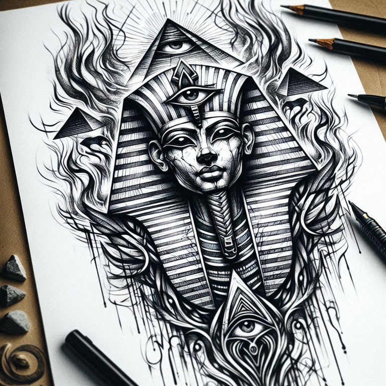 pharaoh-with-god-ra – tattoo design ideas free ai generated – realism-soft-transitions – for-toe – Gallery: pharaoh-inkby-ai