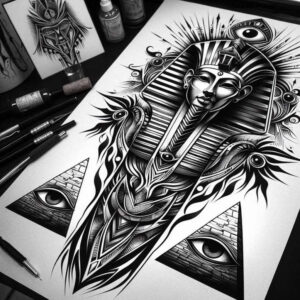 pharaoh-with-god-ra – tattoo design ideas free ai generated – surrealism-dream-motifs – for-back – Gallery: pharaoh-inkby-ai