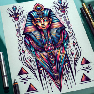 pharaoh-with-halo – tattoo design ideas free ai generated – neotraditional-clean-fill – for-hand – Gallery: pharaoh-inkby-ai