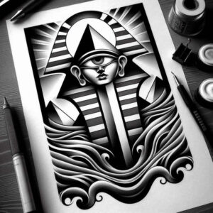 pharaoh-with-halo – tattoo design ideas free ai generated – neotraditional-rich-blacks – for-forearm – Gallery: pharaoh-inkby-ai