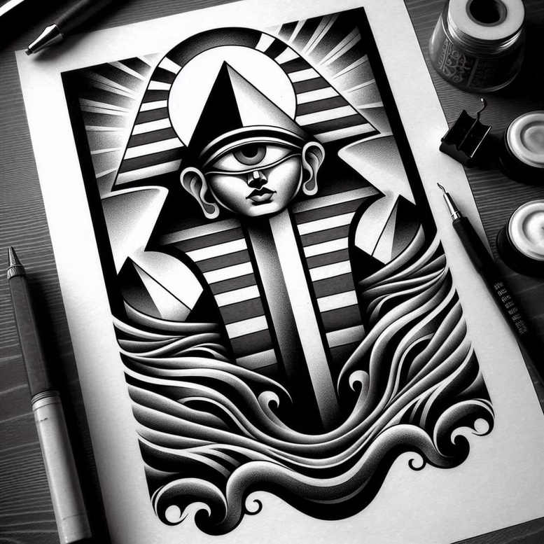 pharaoh-with-halo – tattoo design ideas free ai generated – neotraditional-rich-blacks – for-forearm – Gallery: pharaoh-inkby-ai