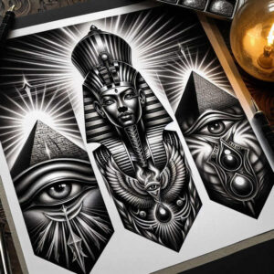 pharaoh-with-halo – tattoo design ideas free ai generated – realism-dynamic-shadows – for-side – Gallery: pharaoh-inkby-ai