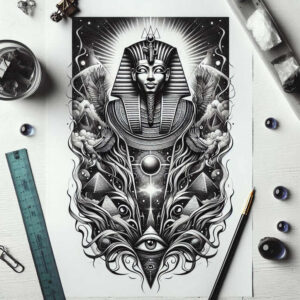 pharaoh-with-hieroglyphic-patterns – tattoo design ideas free ai generated – realism-natural-tones – for-side – Gallery: pharaoh-inkby-ai