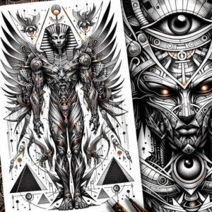 pharaoh-with-hieroglyphic-patterns – tattoo design ideas free ai generated – surrealism-psychological-depth – for-shoulder-blade – Gallery: pharaoh-inkby-ai