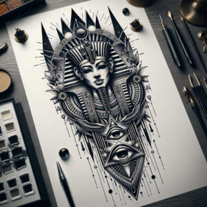 pharaoh-with-hieroglyphs – tattoo design ideas free ai generated – realism-surface-complexity – for-lower-chest – Gallery: pharaoh-inkby-ai