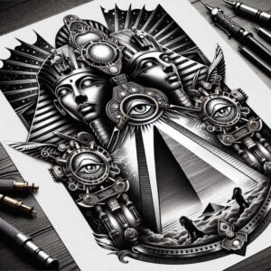 pharaoh-with-hieroglyphs – tattoo design ideas free ai generated – surrealism-phantom-shadows – for-scapula – Gallery: pharaoh-inkby-ai