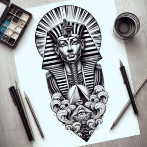 pharaoh-with-hieroglyphs – tattoo design ideas free ai generated – surrealism-visual-paradox – for-calf – Gallery: pharaoh-inkby-ai