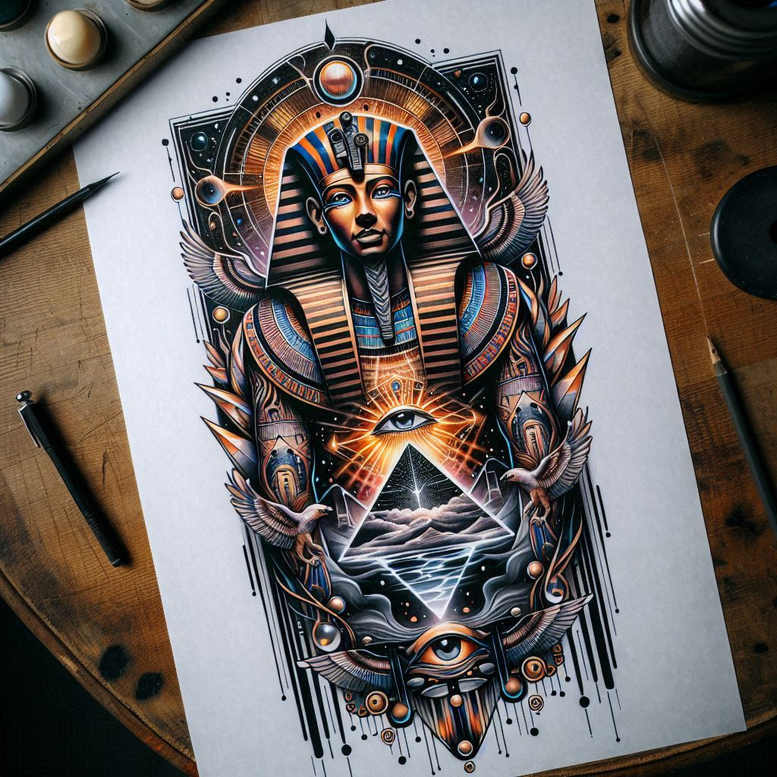 pharaoh-with-immortality-symbol – tattoo design ideas free ai generated – neotraditional-bold-texture – for-chest – Gallery: pharaoh-inkby-ai