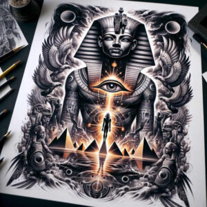 pharaoh-with-immortality-symbol – tattoo design ideas free ai generated – realism-natural-luminosity – for-behind-ear – Gallery: pharaoh-inkby-ai