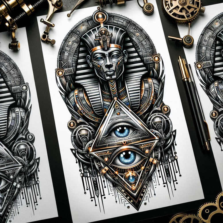 pharaoh-with-immortality-symbol – tattoo design ideas free ai generated – surrealism-unreal – for-shoulder-blade – Gallery: pharaoh-inkby-ai