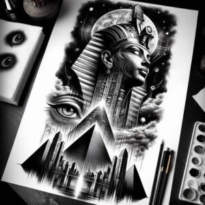 pharaoh-with-life-symbols – tattoo design ideas free ai generated – neotraditional-dynamic-color – for-stomach – Gallery: pharaoh-inkby-ai