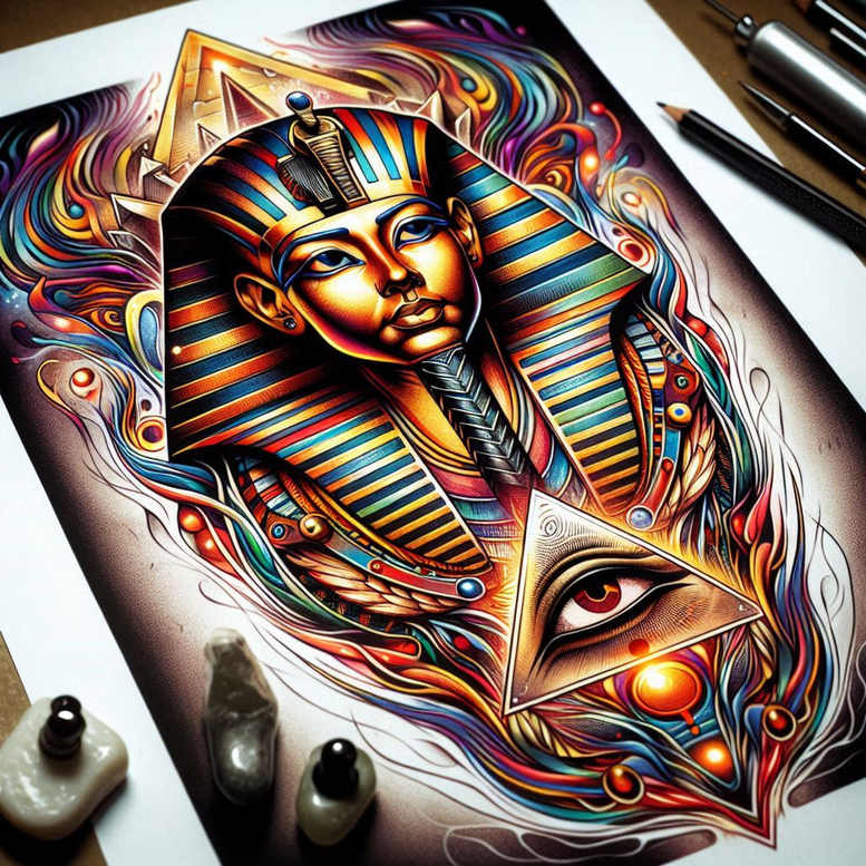 pharaoh-with-life-symbols – tattoo design ideas free ai generated – realism-tattoo-reflection – for-collarbone – Gallery: pharaoh-inkby-ai