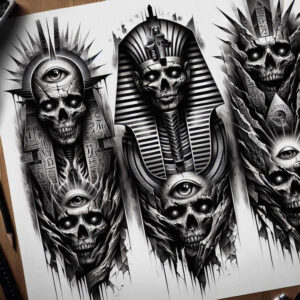 pharaoh-with-life-symbols – tattoo design ideas free ai generated – surrealism-morphic-transformation – for-upper-shoulder – Gallery: pharaoh-inkby-ai