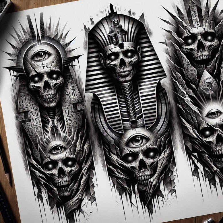 pharaoh-with-life-symbols – tattoo design ideas free ai generated – surrealism-morphic-transformation – for-upper-shoulder – Gallery: pharaoh-inkby-ai