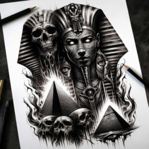 pharaoh-with-light-effects-for-men – tattoo design ideas free ai generated – realism-contrast-play – for-shoulder-blade – Gallery: pharaoh-inkby-ai