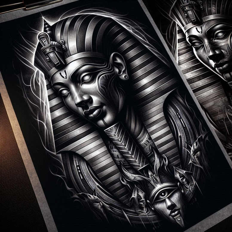 pharaoh-with-magical-symbols – tattoo design ideas free ai generated – neotraditional-vibrant-palette – for-nape – Gallery: pharaoh-inkby-ai
