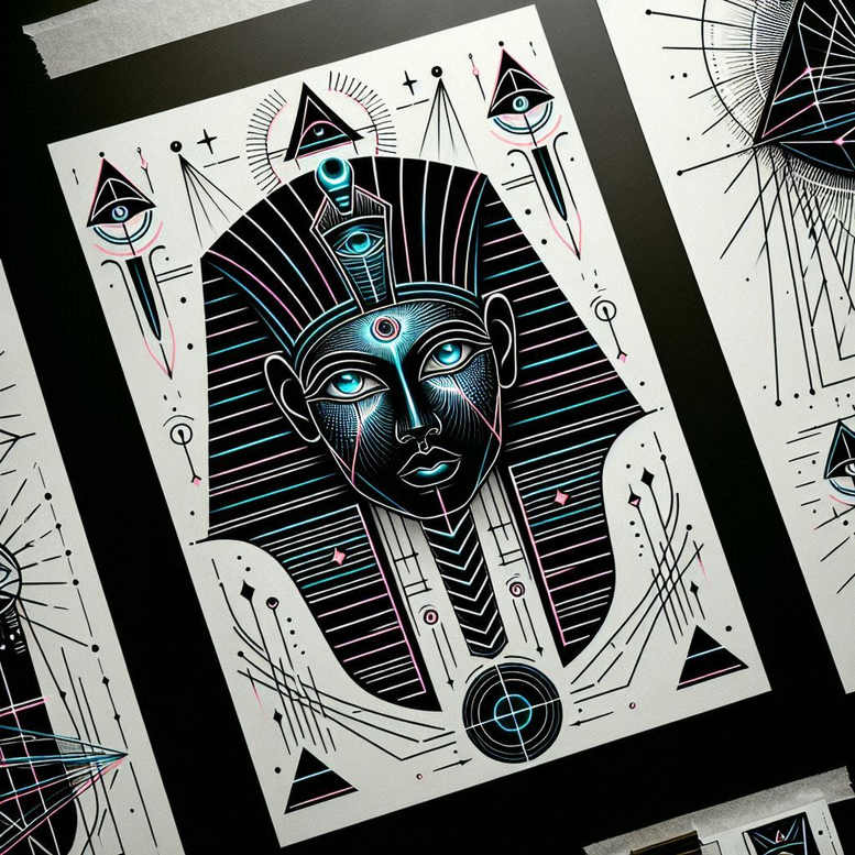 pharaoh-with-magical-symbols – tattoo design ideas free ai generated – surrealism-imaginative – for-inner-arm – Gallery: pharaoh-inkby-ai