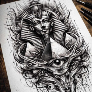 pharaoh-with-mystical-pattern – tattoo design ideas free ai generated – neotraditional-artful-color – for-upper-back – Gallery: pharaoh-inkby-ai