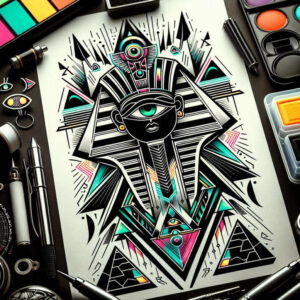pharaoh-with-mystical-pattern – tattoo design ideas free ai generated – surrealism-phantom – for-sternum – Gallery: pharaoh-inkby-ai