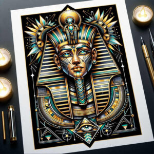 pharaoh-with-ornamental-details – tattoo design ideas free ai generated – realism-dynamic-shadows – for-back-shoulder – Gallery: pharaoh-inkby-ai
