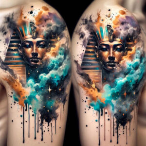 pharaoh-with-ornamentation – tattoo design ideas free ai generated – neotraditional-vivid-color – for-behind-ear – Gallery: pharaoh-inkby-ai
