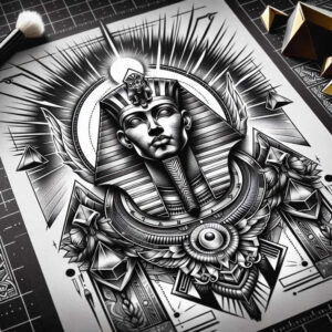 pharaoh-with-ornamentation – tattoo design ideas free ai generated – surrealism-distorted-reality – for-collarbone – Gallery: pharaoh-inkby-ai