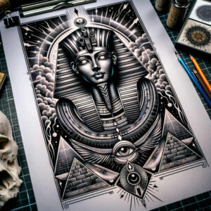 pharaoh-with-ornamentation – tattoo design ideas free ai generated – surrealism-dreamscape – for-ribs – Gallery: pharaoh-inkby-ai