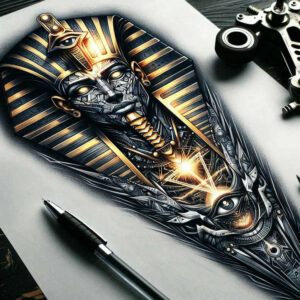 pharaoh-with-plant-ornament – tattoo design ideas free ai generated – realism-sharp-focus – for-upper-thigh – Gallery: pharaoh-inkby-ai