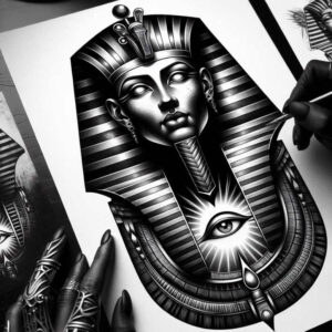 pharaoh-with-power-symbol – tattoo design ideas free ai generated – realism-textured-skin – for-biceps – Gallery: pharaoh-inkby-ai