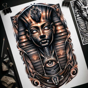 pharaoh-with-protection-symbol – tattoo design ideas free ai generated – neotraditional-modern-twist – for-biceps – Gallery: pharaoh-inkby-ai