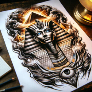 pharaoh-with-sarcophagus – tattoo design ideas free ai generated – neotraditional-layered-inks – for-arm – Gallery: pharaoh-inkby-ai