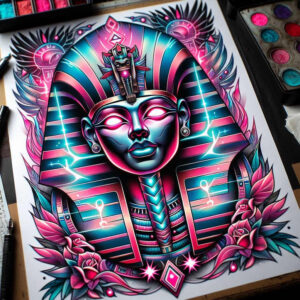 pharaoh-with-scepter – tattoo design ideas free ai generated – neotraditional-intricate-shading – for-neck – Gallery: pharaoh-inkby-ai