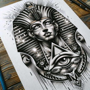 pharaoh-with-sun-symbol – tattoo design ideas free ai generated – neotraditional-vivid-hues – for-lower-arm – Gallery: pharaoh-inkby-ai