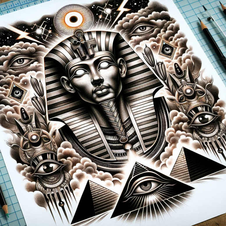 Pharaoh head with striped nemes headdress, pyramids, and all-seeing eye in black and grey; clouds; tattoo project idea; cover-up suitable.