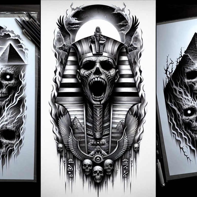 Skull, helmet, wings, pyramid, flame; black and grey; cover-up tattoo project.