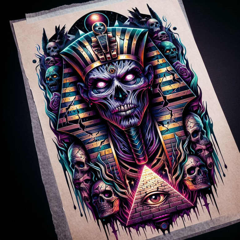 Colorful pharaoh mask with skulls and pyramid eye, ornate headdress in neon blues and purples; color tattoo project.