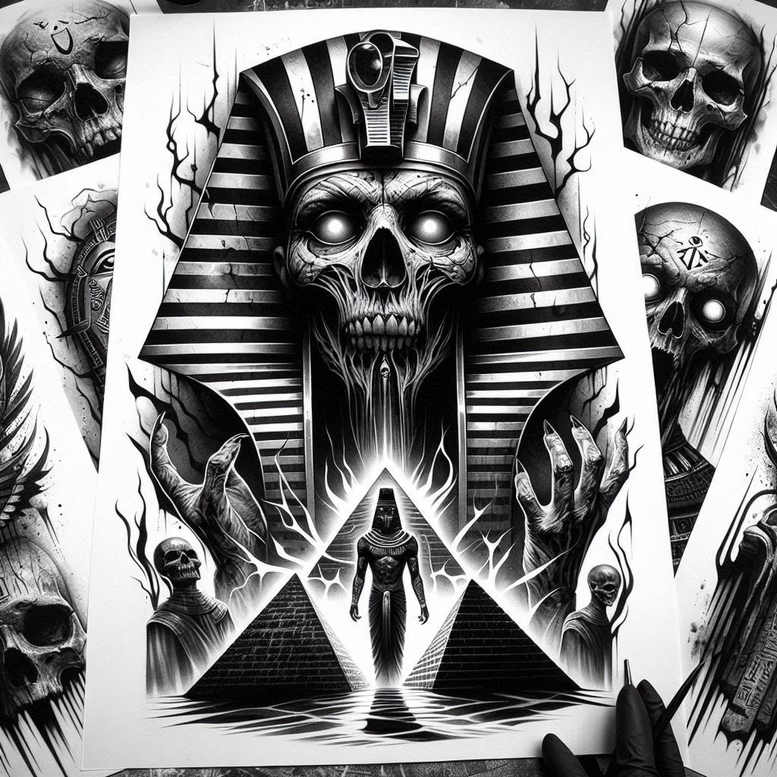 Skull with pharaoh headdress in black and grey, flanked by side skulls, pyramids, and a standing figure; dark cover-up tattoo project.