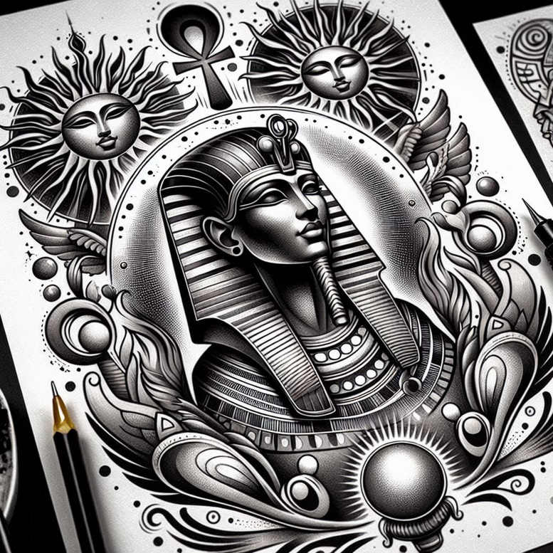 Pharaoh head with nemes headdress in black and grey, sun faces, ankh, wings, and orbs; pencil visible; tattoo idea; cover-up suitable.