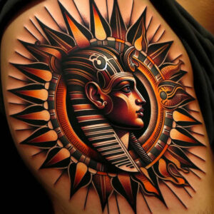 Pharaoh head in nemes headdress with sun disk and circle, color tattoo in orange, gold, brown, black; project; not ideal for cover-up.