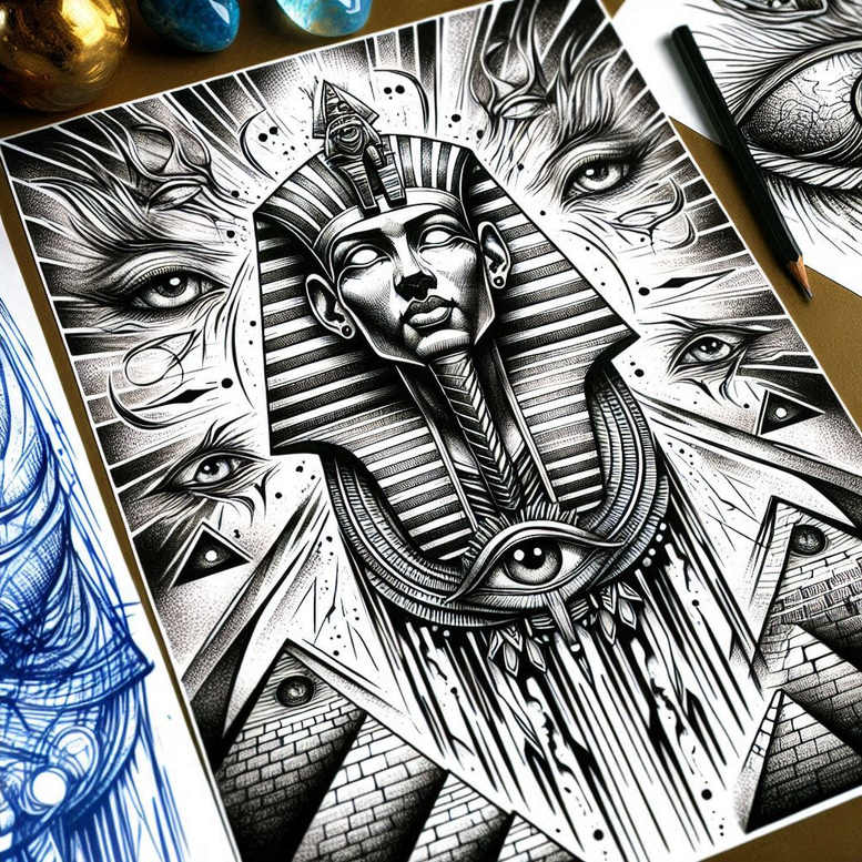 pharaoh tattoo design ideas hyperrealistic hieroglyphic motifs stands for determination