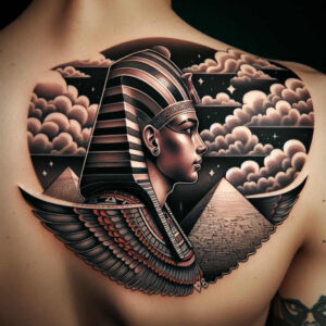 Pharaoh head with striped nemes headdress, wings spread, pyramids, clouds and stars in black and grey; a cover-up-ready tattoo project.