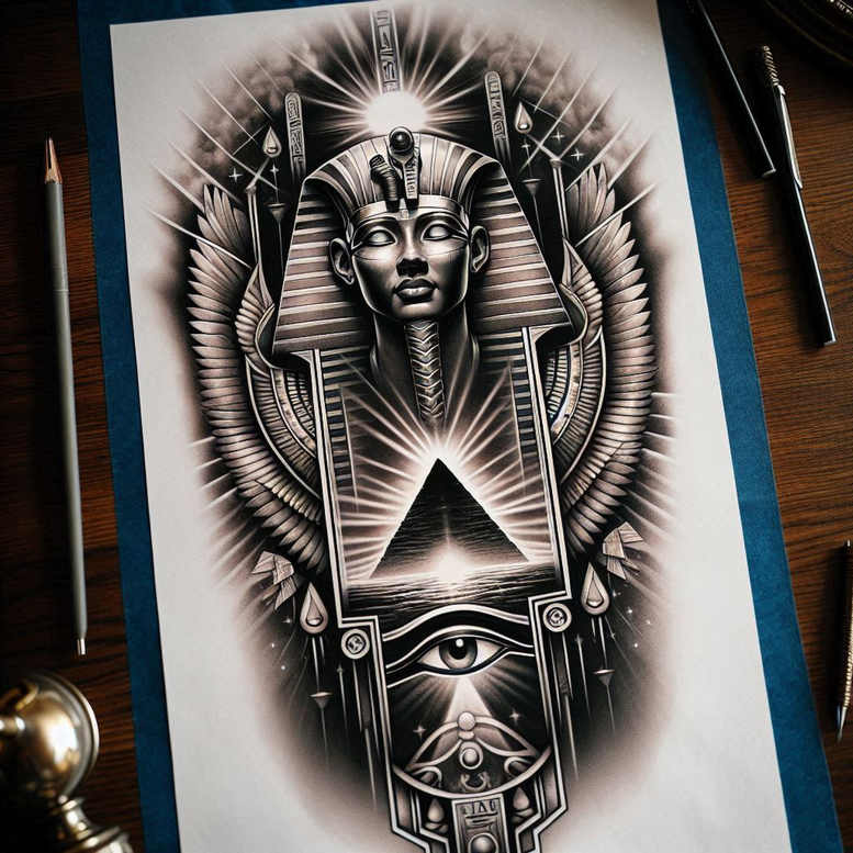 Pharaoh head with wings, pyramid, eye and triangle framed in black-grey; AI-generated tattoo project; suitable for cover-up.